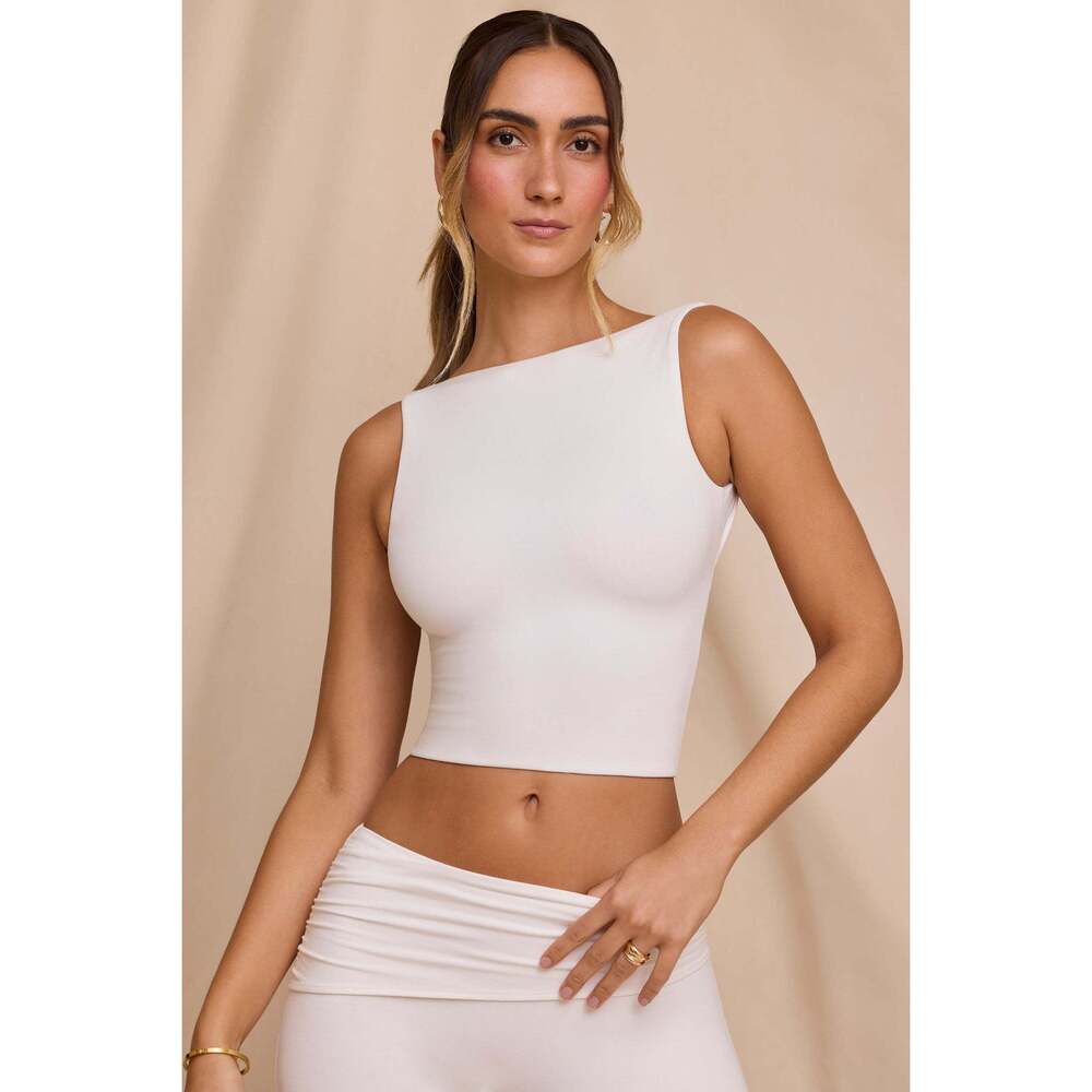 Oh Polly High Neck Open Back Crop Top in White 8